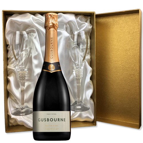 Gusbourne Brut Reserve English Sparkling 75cl in Gold Luxury Presentation Set With Flutes